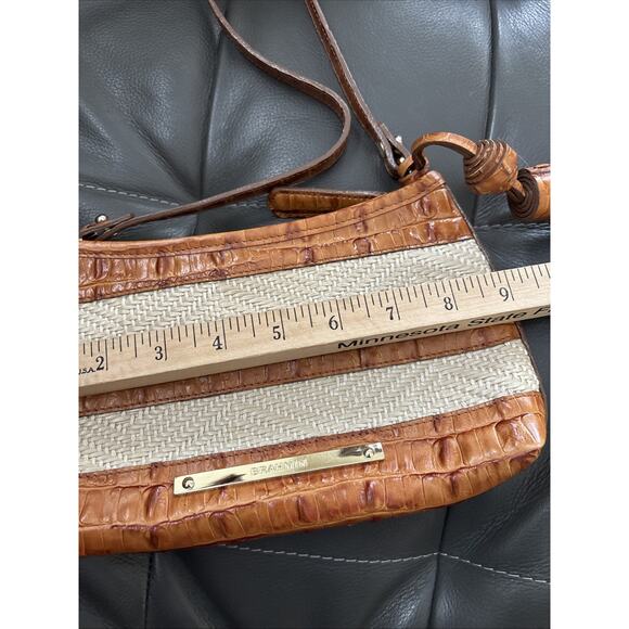 Brahmin Tote Bag Womens Brown Croc Embossed Leather Woven Straw Shoulder Tassel - Picture 8 of 10